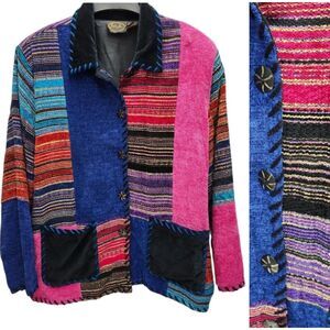 Julia Kim Patchwork Jacket Womens 1X Button Up Lined Wearable Art Boho-Chic